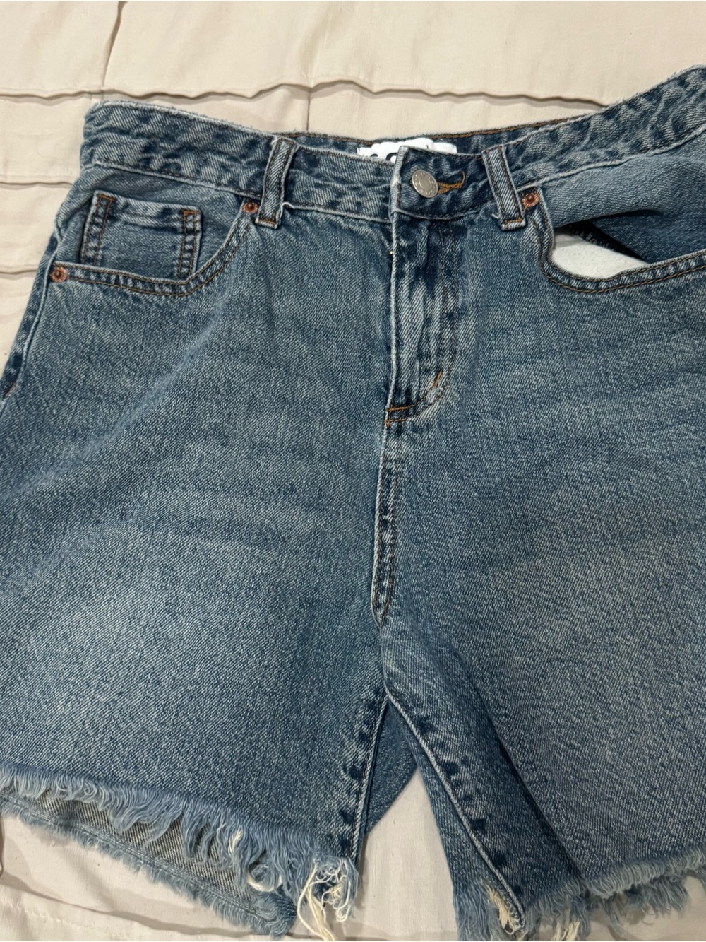 Classic High-Rise Blue Denim Jean Shorts with Frayed Hem